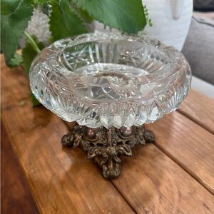 Crystal vintage brass Glass Bowl Ashtray with Ornate Base